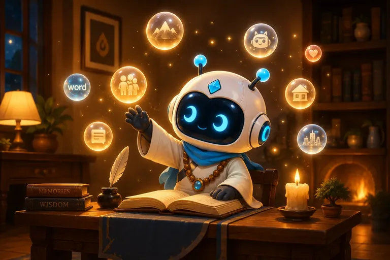 Smonku at a desk with floating memories
